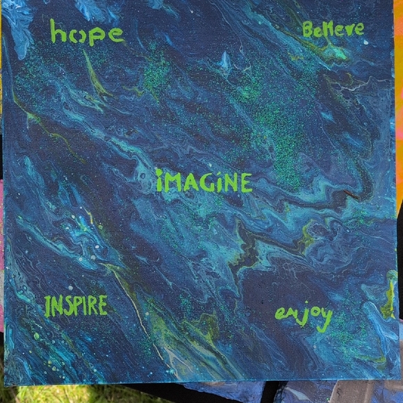 hand painted Other - Abstract Blue and Green Inspirational Canvas Art